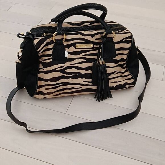 Cynthia Rowley Women's Zebra Striped Pattern Duffle Bag Tan and Black - Picture 1 of 7